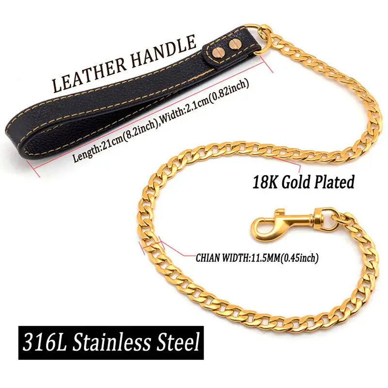 Golden Chain Leash for Dogs : Chaîne en acier dorée avec sangle en cuir noir - Accessoire idéal