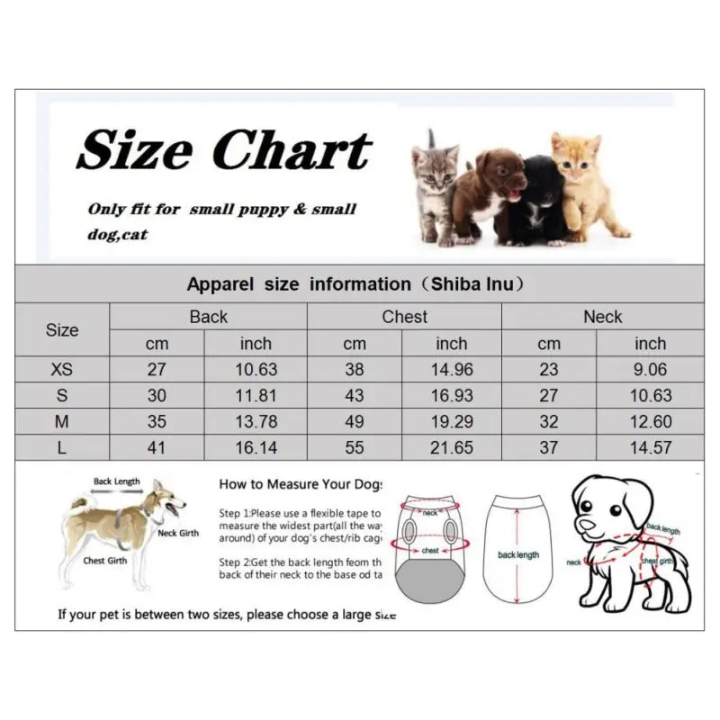 Tableau des tailles de chat pour Cotton Pajamas for Pets, Rompers for Dogs - Petits chiens compagnie barboteuses
