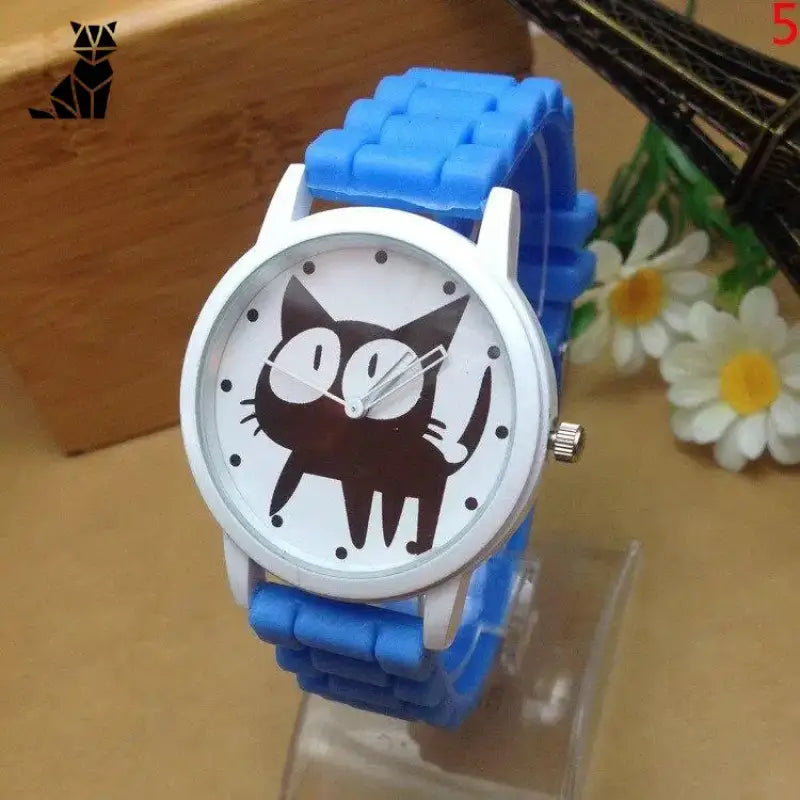 Belle Montre Chat Au Design Cartoon Pour Les Amoureux Des Félins - Bleu Ciel