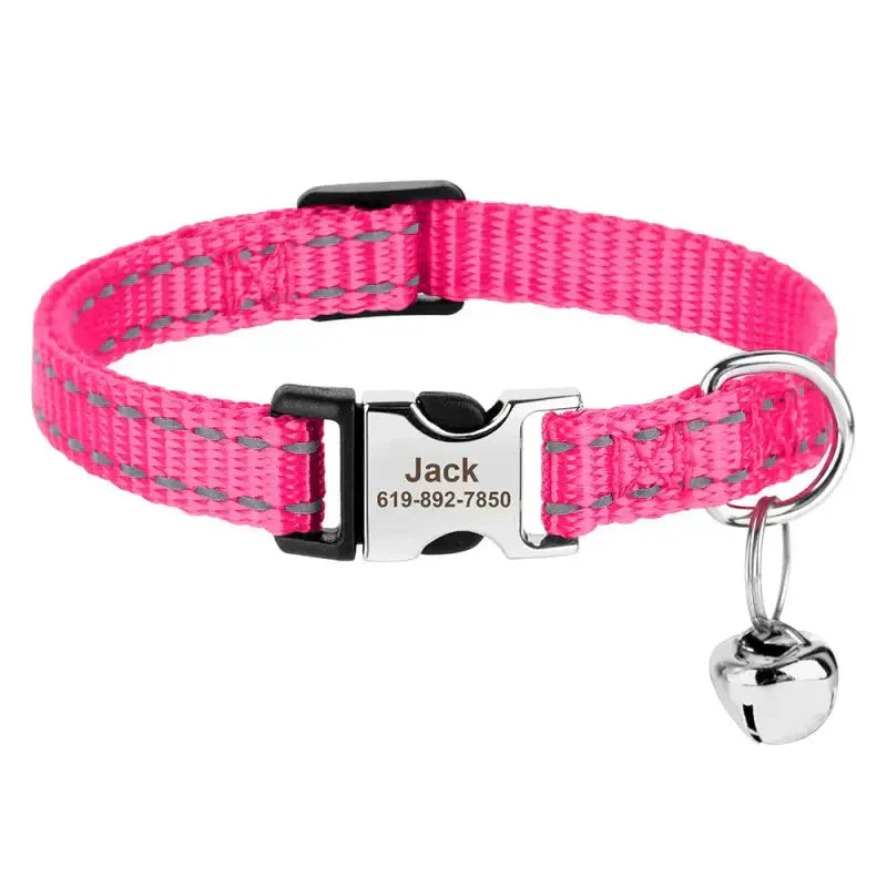 Collier réglable en nylon pour chat avec plaque argentée, design personnalisé rose