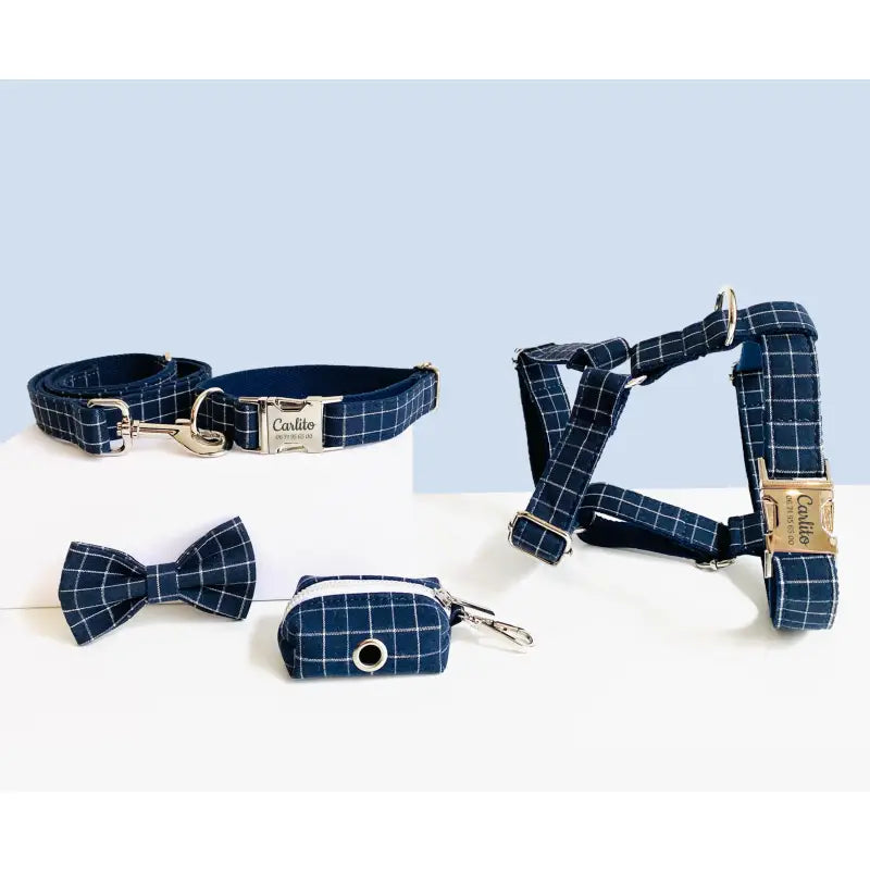 Kit Complet Chien Personnalisé Coton Carreaux Bleu Marine