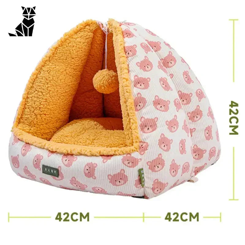 Tente unique pour le repos des félins comprenant un petit lit pour chien avec un motif d’ours en peluche